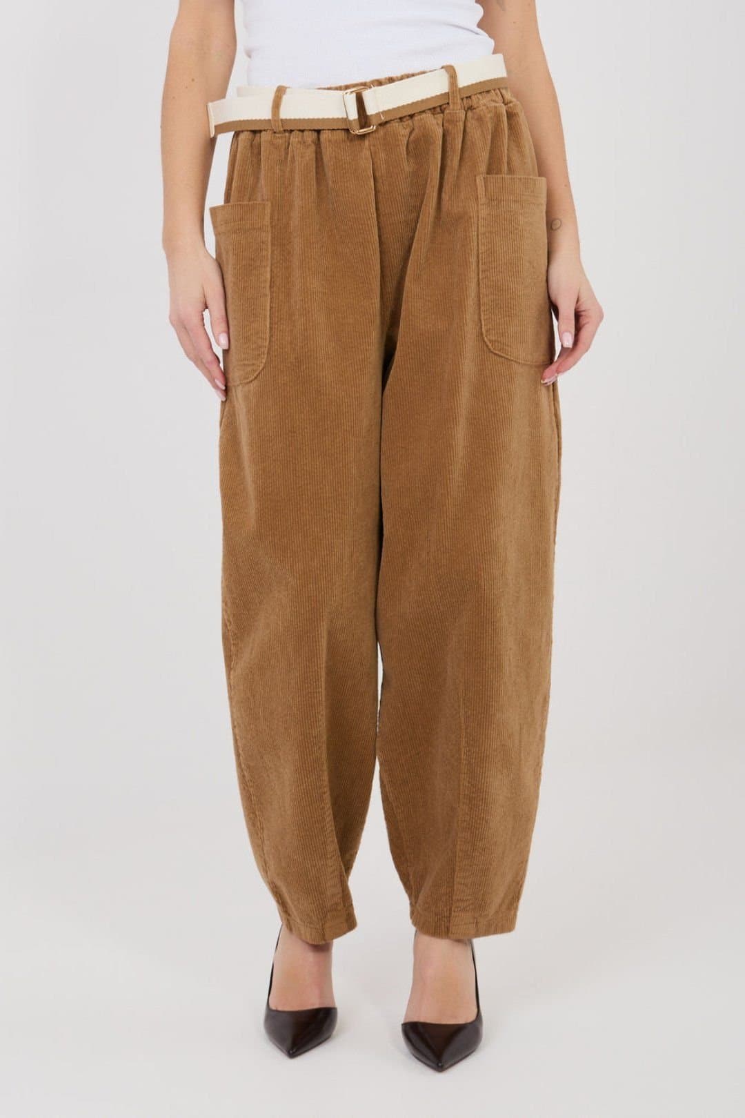 Love Lace Love Lace Women's High Waist Corduroy Carrot Pants with Belt in Brown