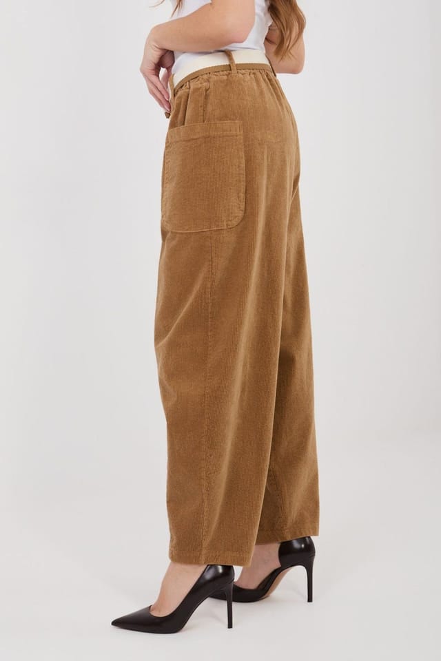 Love Lace Love Lace Women's High Waist Corduroy Carrot Pants with Belt in Brown - 2
