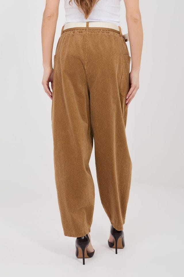 Love Lace Love Lace Women's High Waist Corduroy Carrot Pants with Belt in Brown - 3