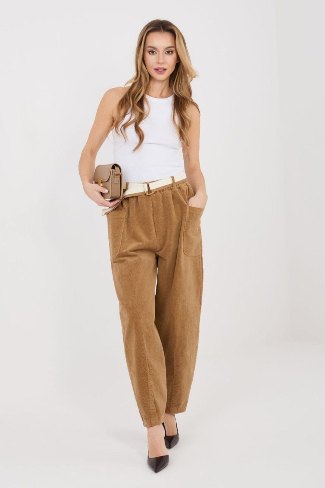 Love Lace Love Lace Women's High Waist Corduroy Carrot Pants with Belt in Brown - 4