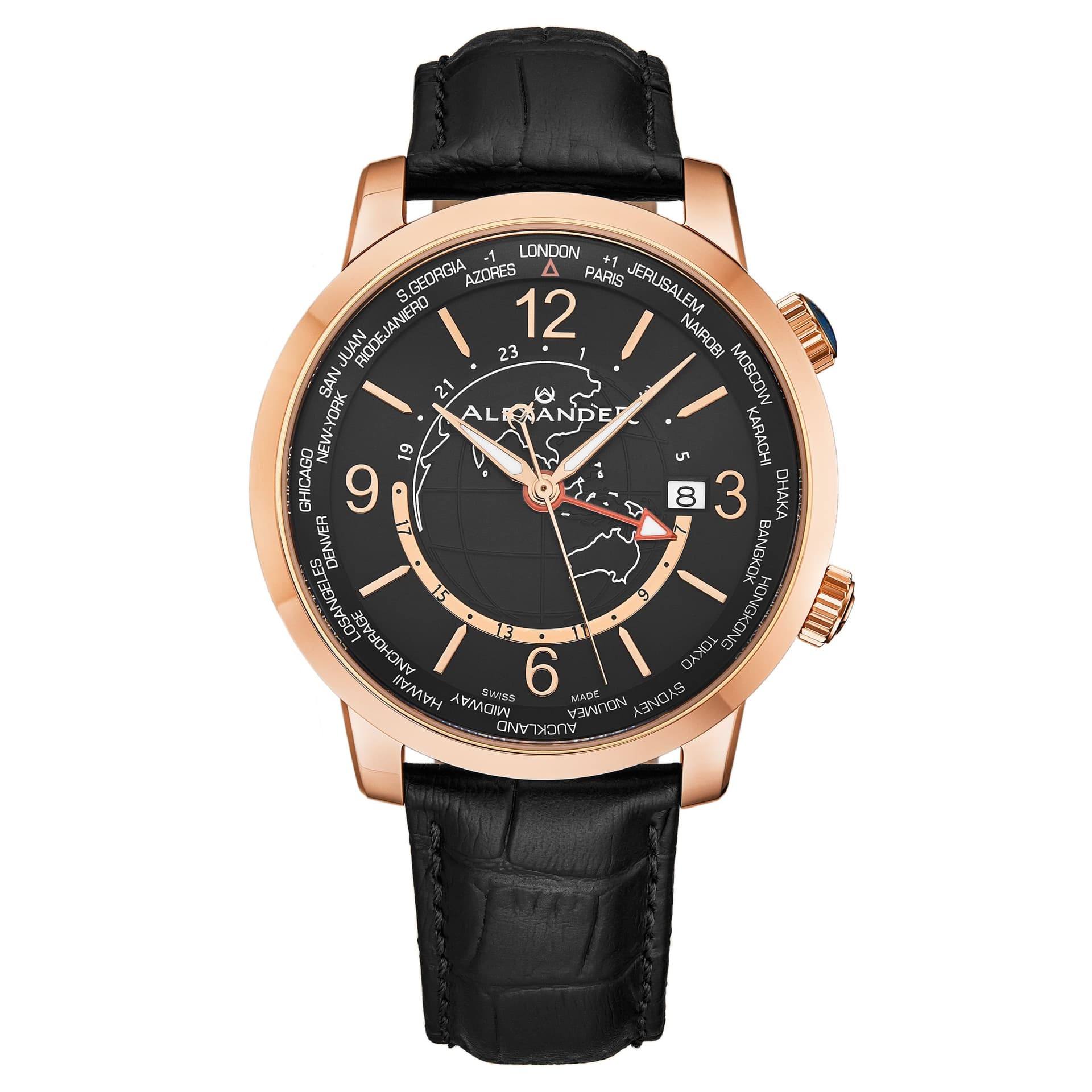 Alexander Alexander Men's A171A Journeyman 2 Luxury 42mm World Traveler Watch with Dark Blue Enamel Earth Pattern Crown in Black