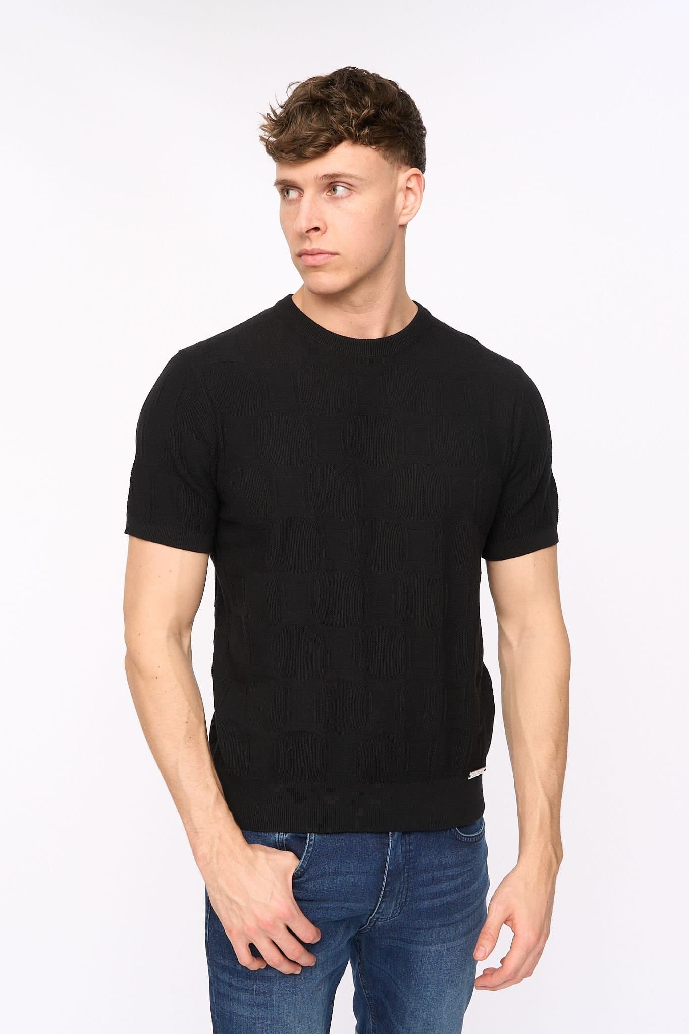 Duck&Cover Duck&Cover Men's Littleton Textured Knit T-Shirt with Ribbed Trims in Black