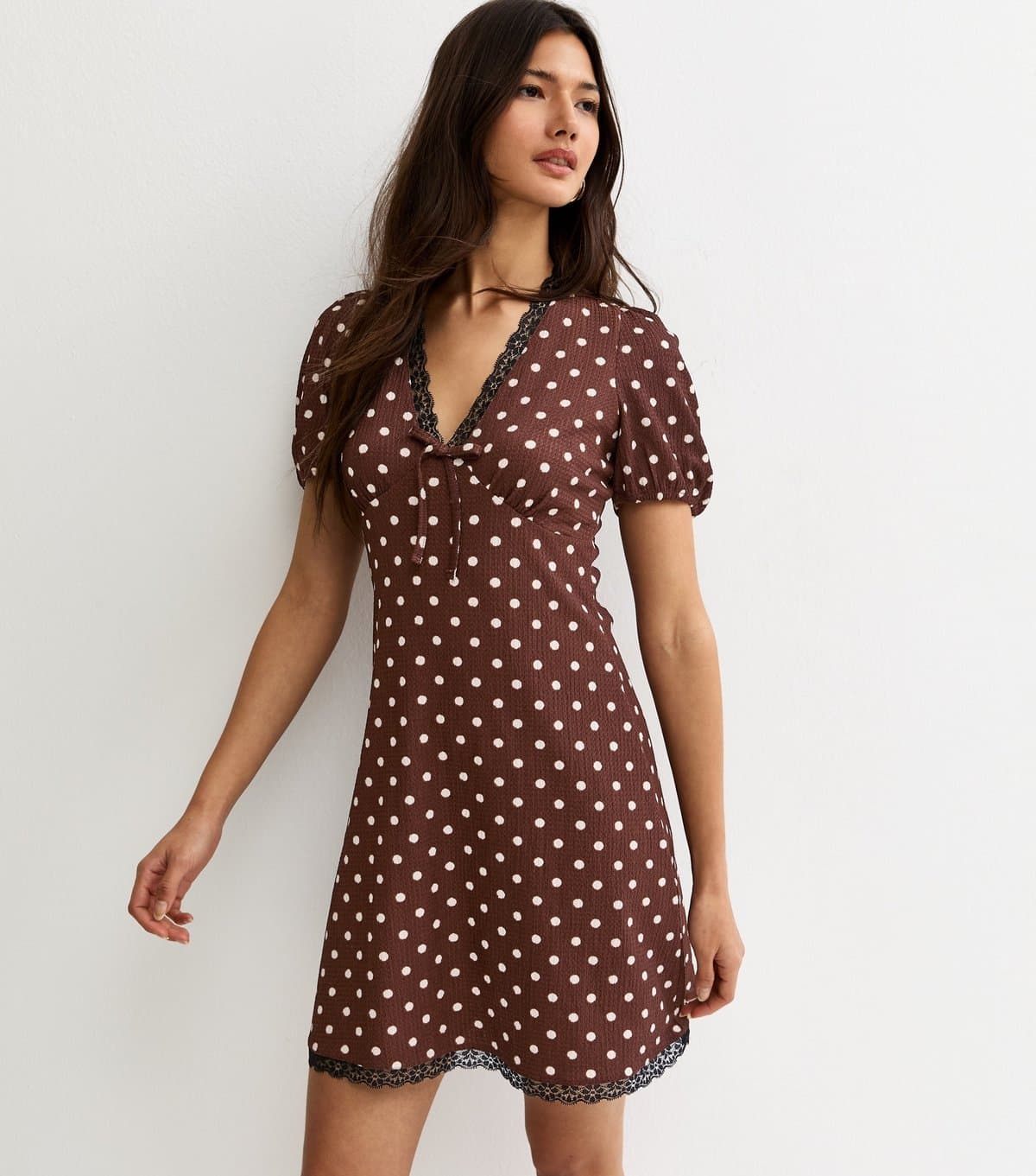 New Look Women's Brown Polka Dot Lace Trim Mini Dress New Look