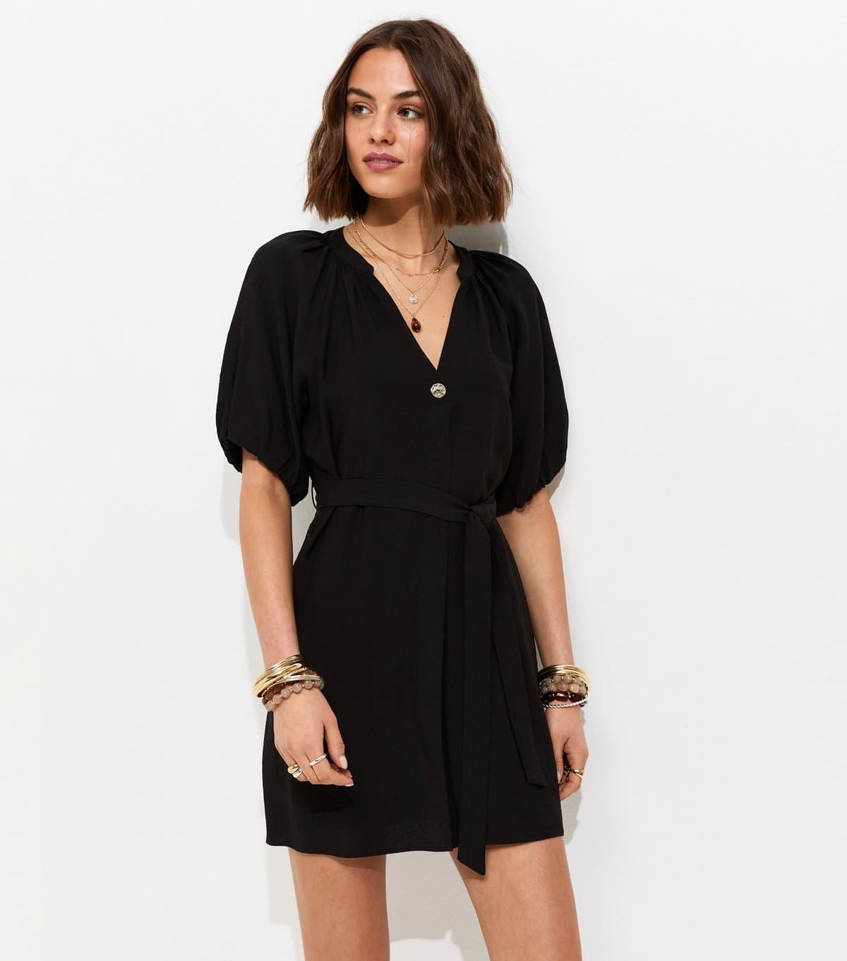 New Look Women's Black V-Neck Puff Sleeve Belted Mini Dress New Look
