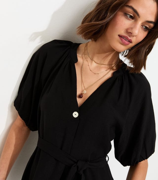 New Look Women's Black V-Neck Puff Sleeve Belted Mini Dress New Look - 2