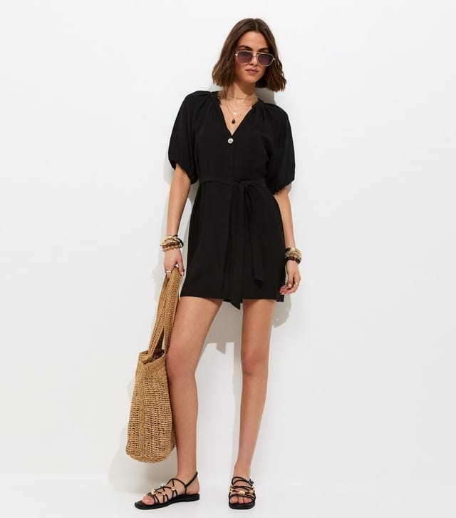 New Look Women's Black V-Neck Puff Sleeve Belted Mini Dress New Look - 3