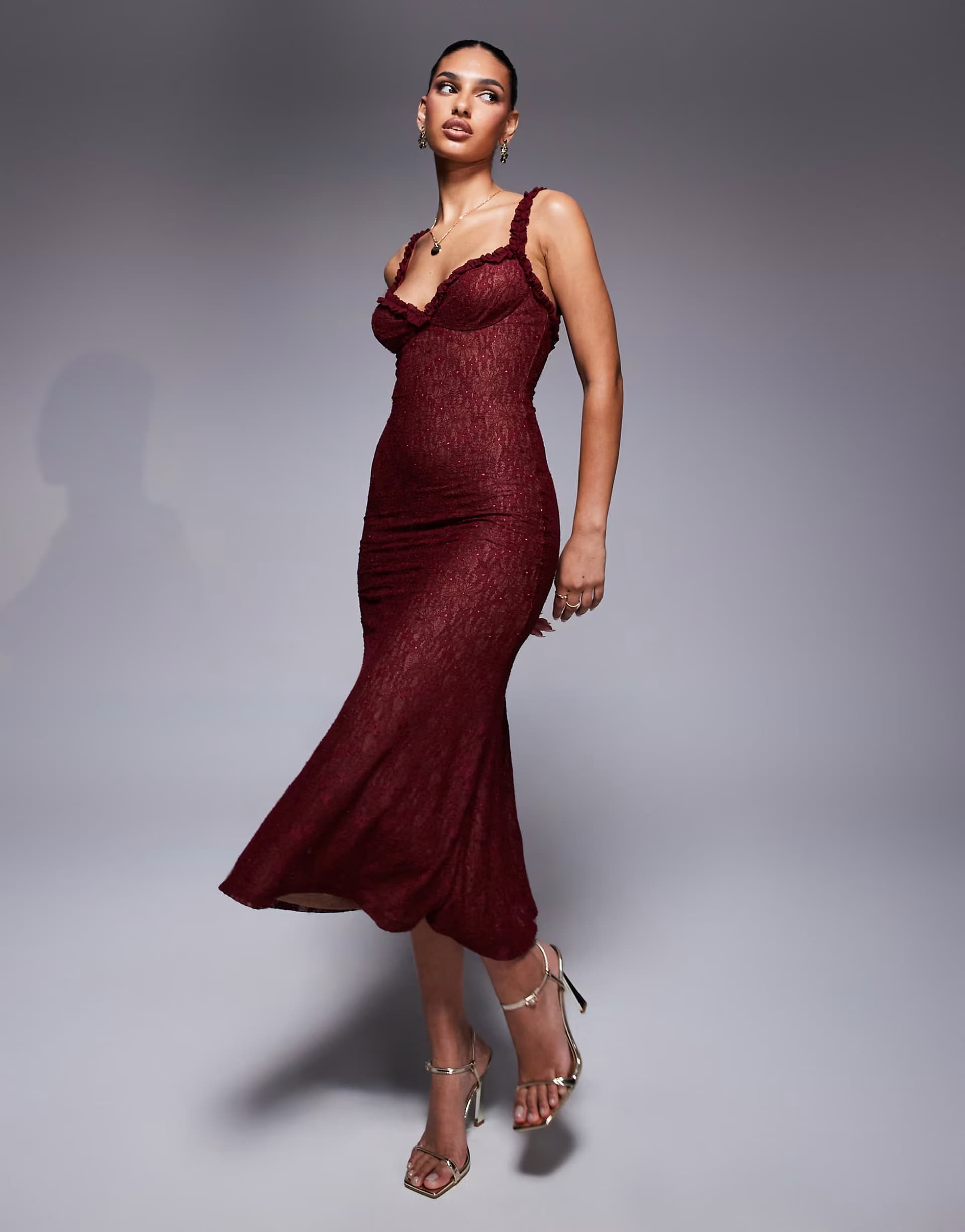 ASOS Bardot Alegra stretch lace midi dress in burgundy