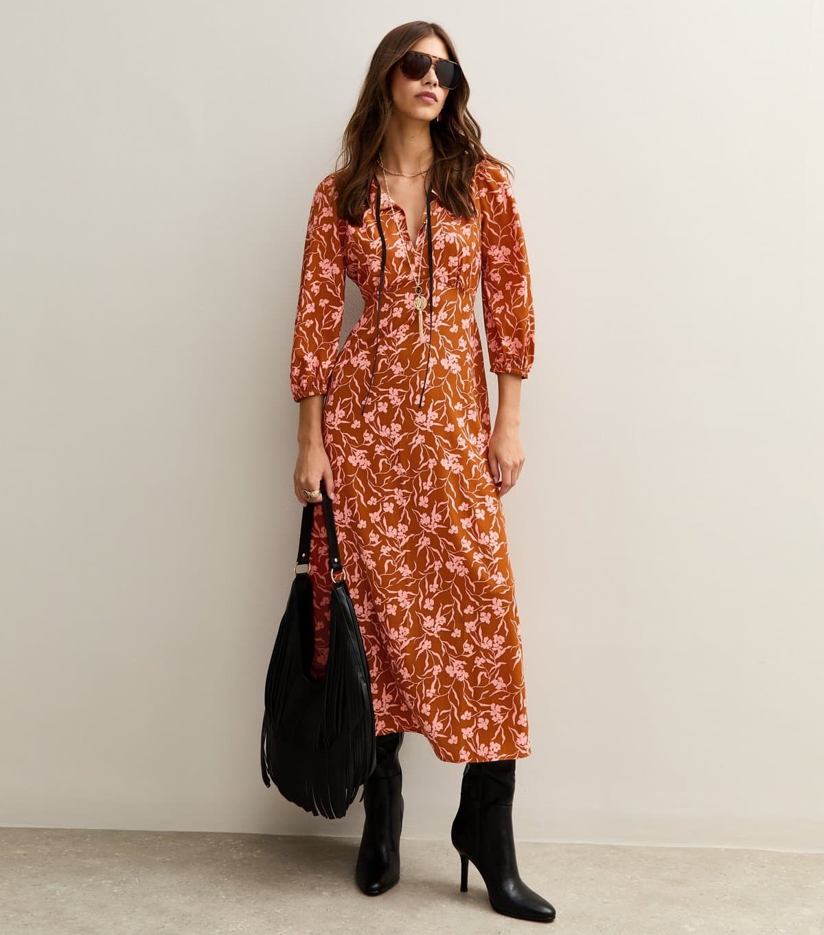 New Look Women's Orange Floral Print Tie Neck MIdi Dress New Look