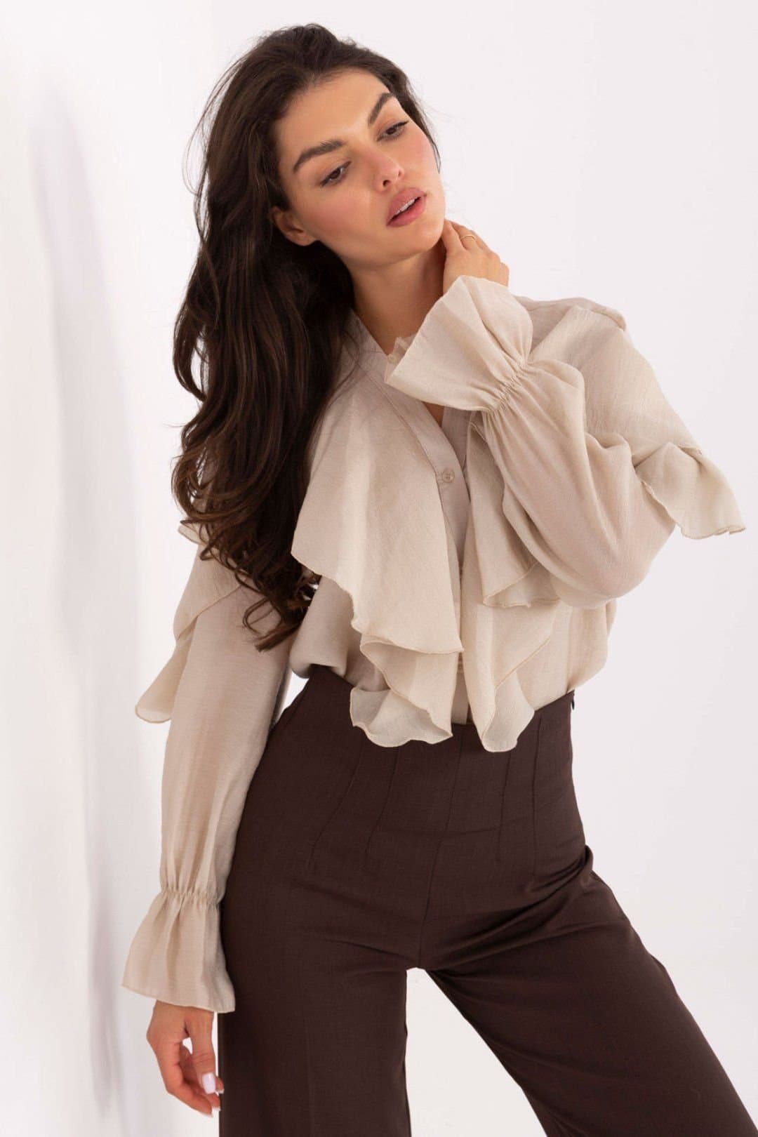 Love Lace Love Lace Beige Lyocell-Polyester Jabot Ruffle Shirt