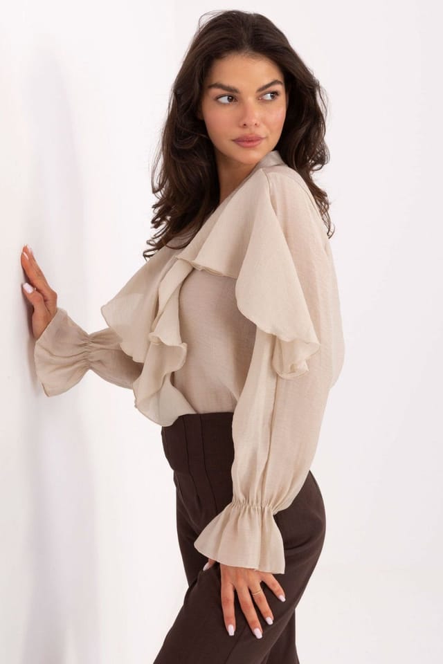 Love Lace Love Lace Women's Elegant Long Sleeve Jabot Ruffle Shirt in Beige - 2