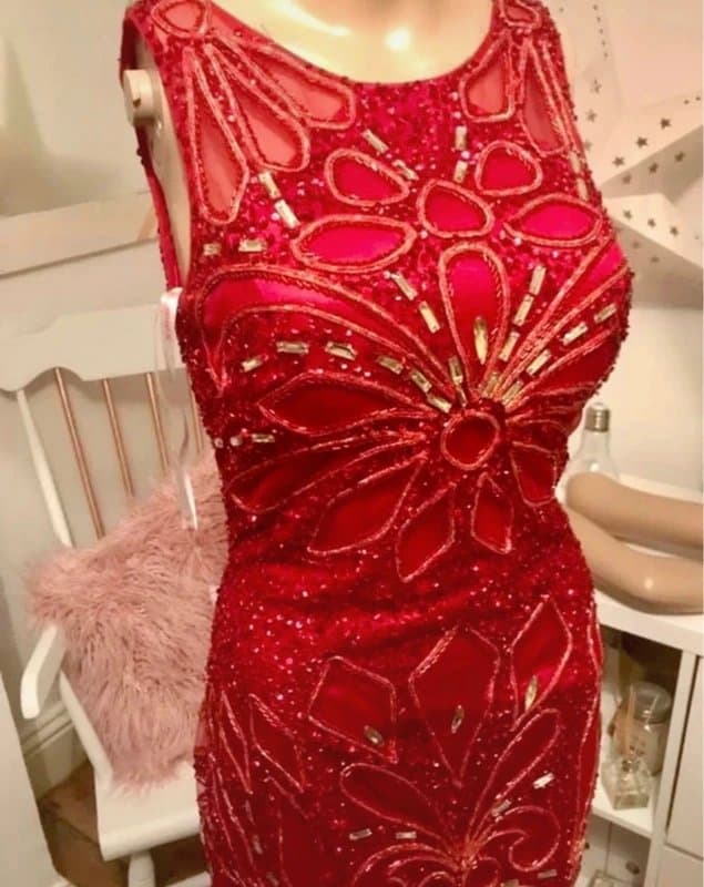 Angel Forever Angel ForeverRed Beaded Sequin Evening Gown Maxi Dress Formal Prom Pageant Mermaid UK M 12-14