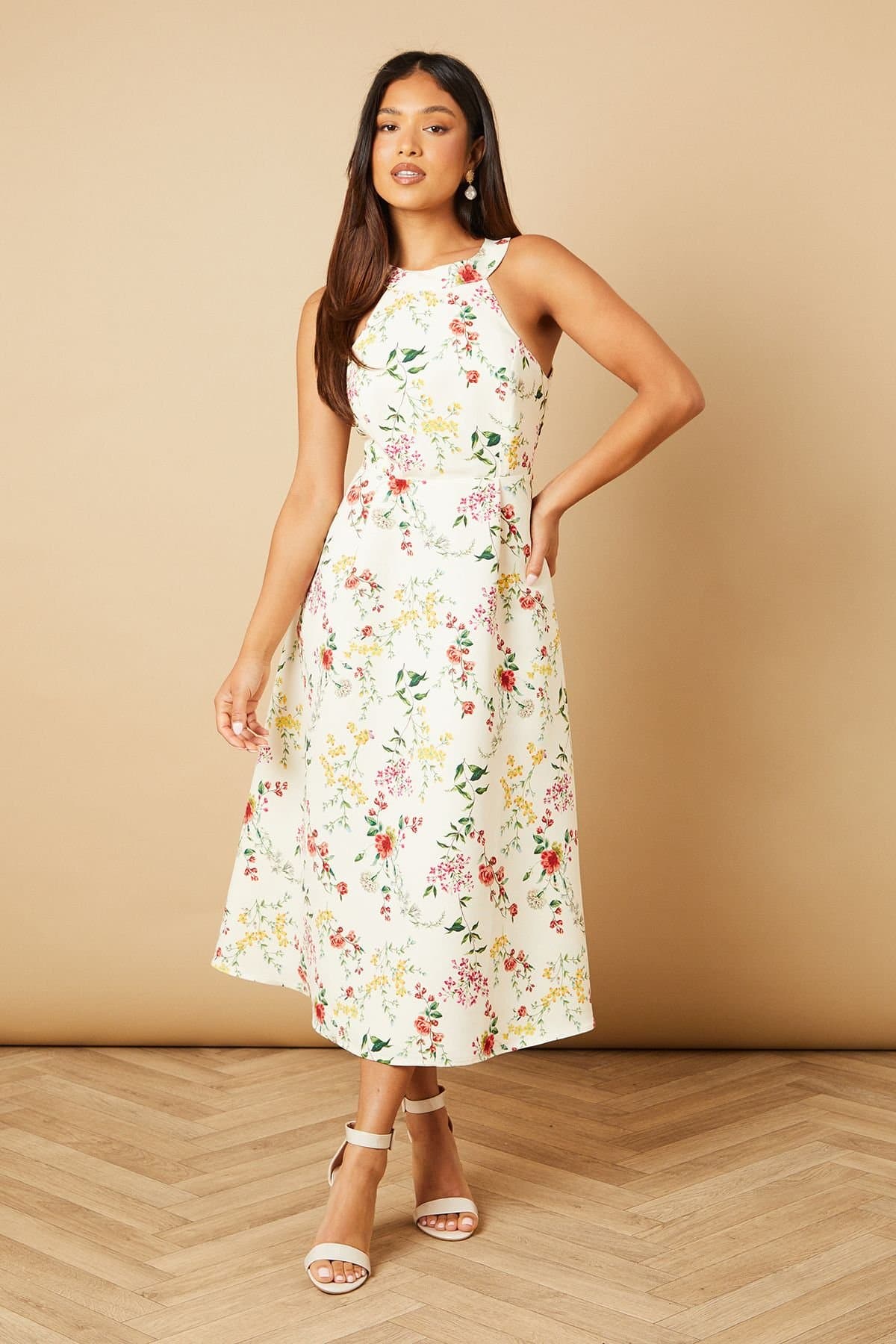 Oasis Oasis Women's Petite Floral Ottoman Twill Halter Midi Dress in Ivory