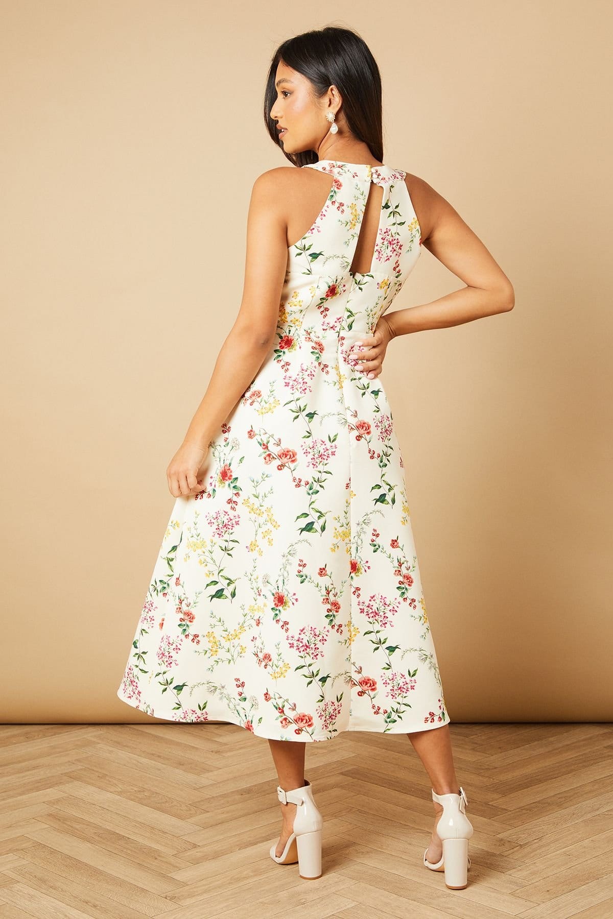 Oasis Oasis Women's Petite Floral Ottoman Twill Halter Midi Dress in Ivory - 4