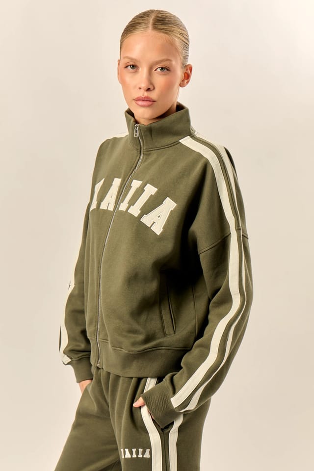 Kaiia Kaiia Sport Stripe Funnel Neck Zip Through Sweatshirt Olive & Cream - 2