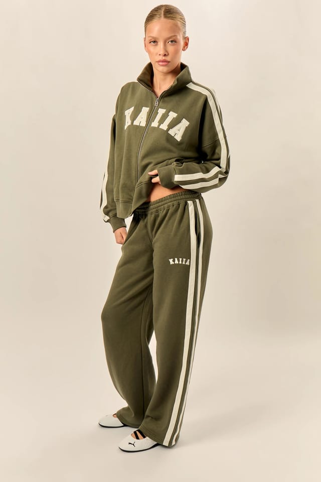 Kaiia Kaiia Sport Stripe Funnel Neck Zip Through Sweatshirt Olive & Cream - 3