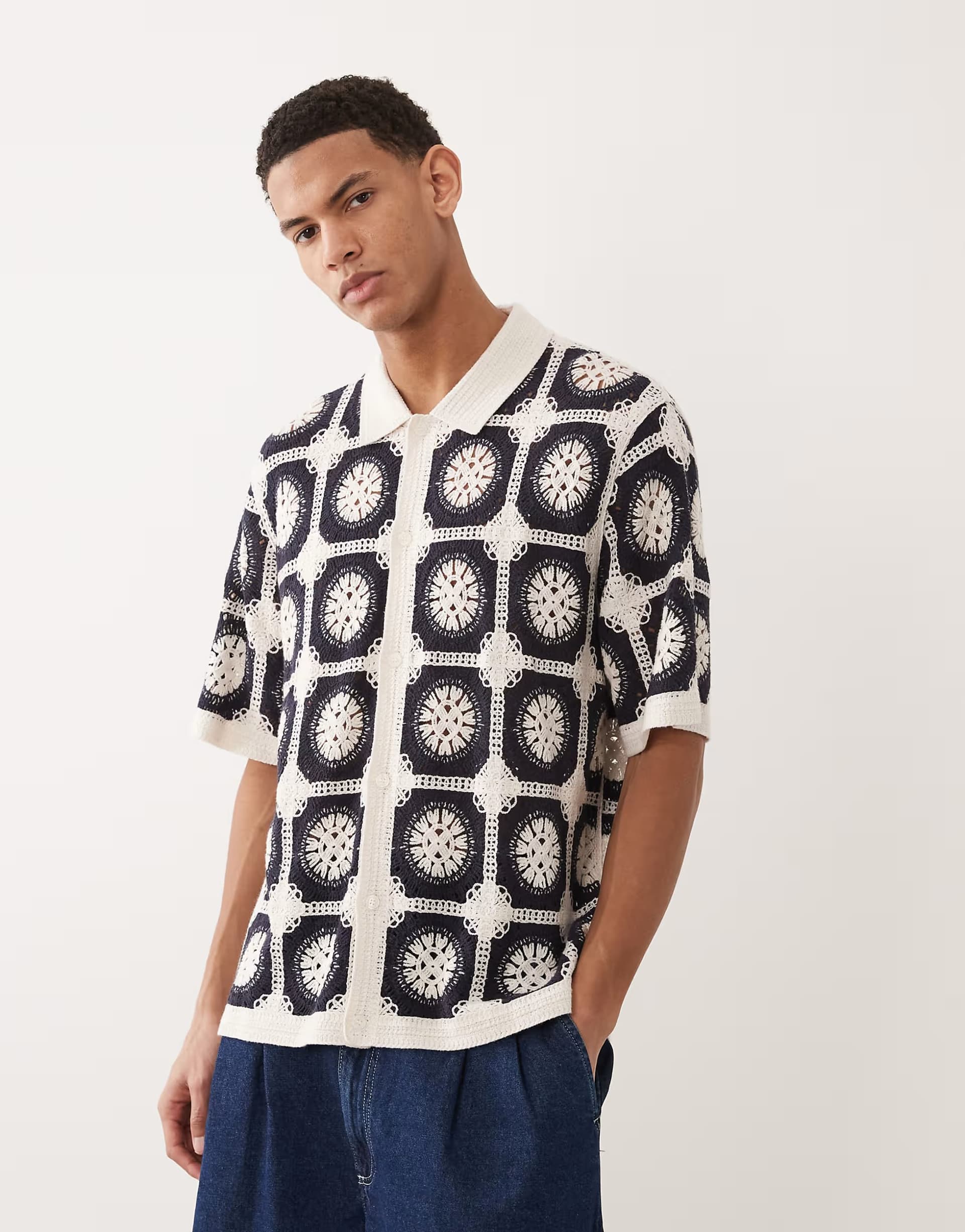 ASOS Jack & Jones crochet pattern shirt in black and white