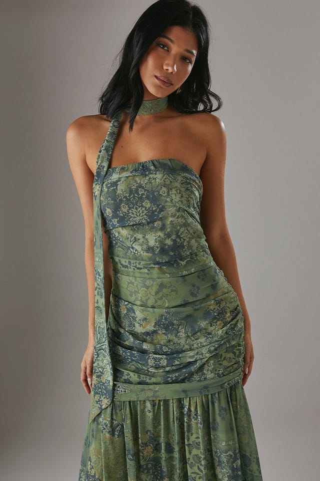 Warehouse Warehouse Women's Chiffon Neck Tie Bandeau Ruched Maxi Dress in Khaki - 2