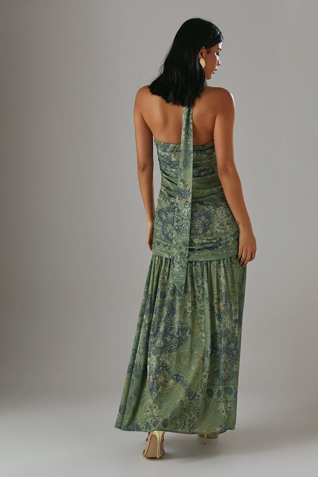 Warehouse Warehouse Women's Chiffon Neck Tie Bandeau Ruched Maxi Dress in Khaki - 3