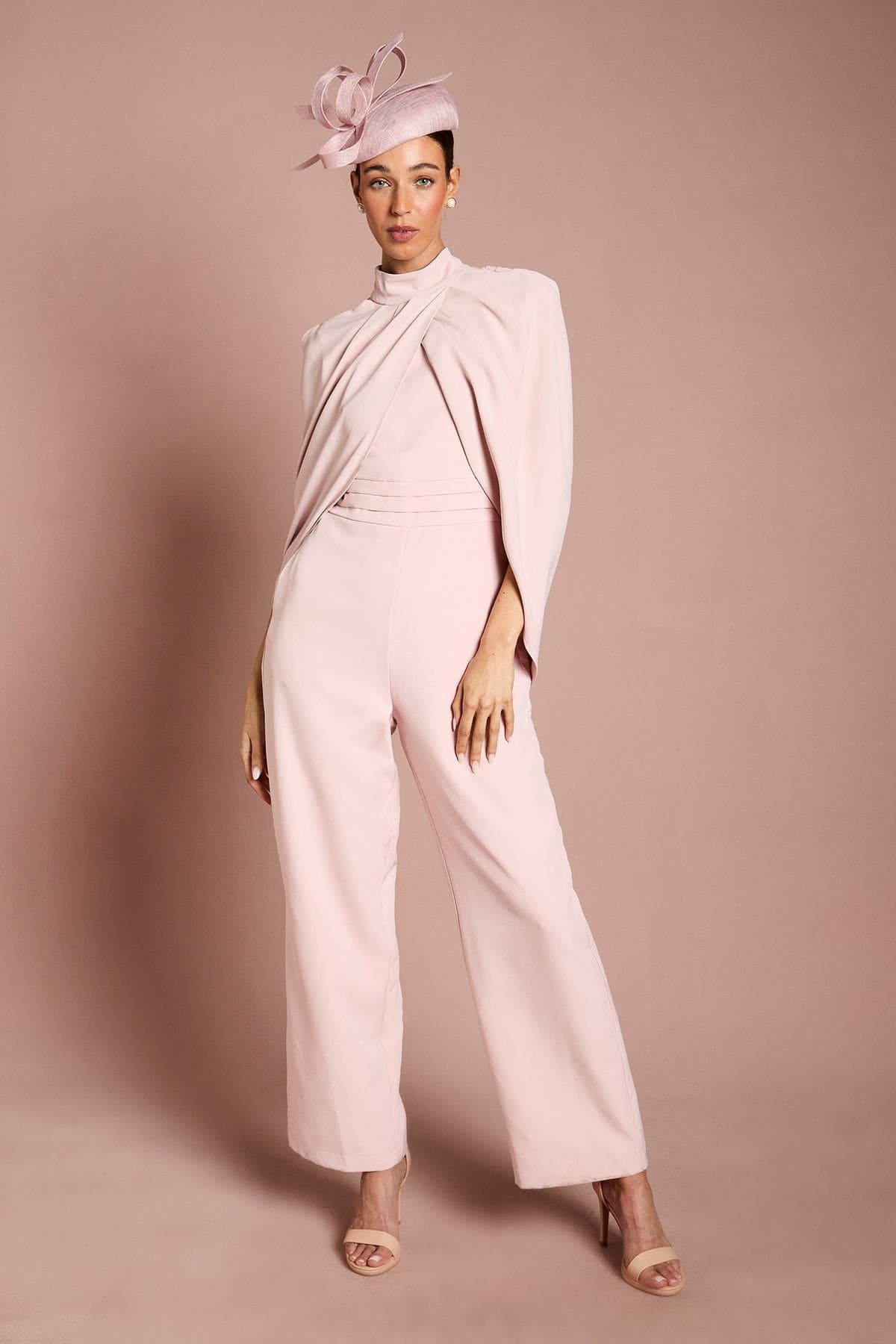 Coast Coast Women's Lisa Tan High Neck Cape Sleeve Wide Leg Jumpsuit in Blush