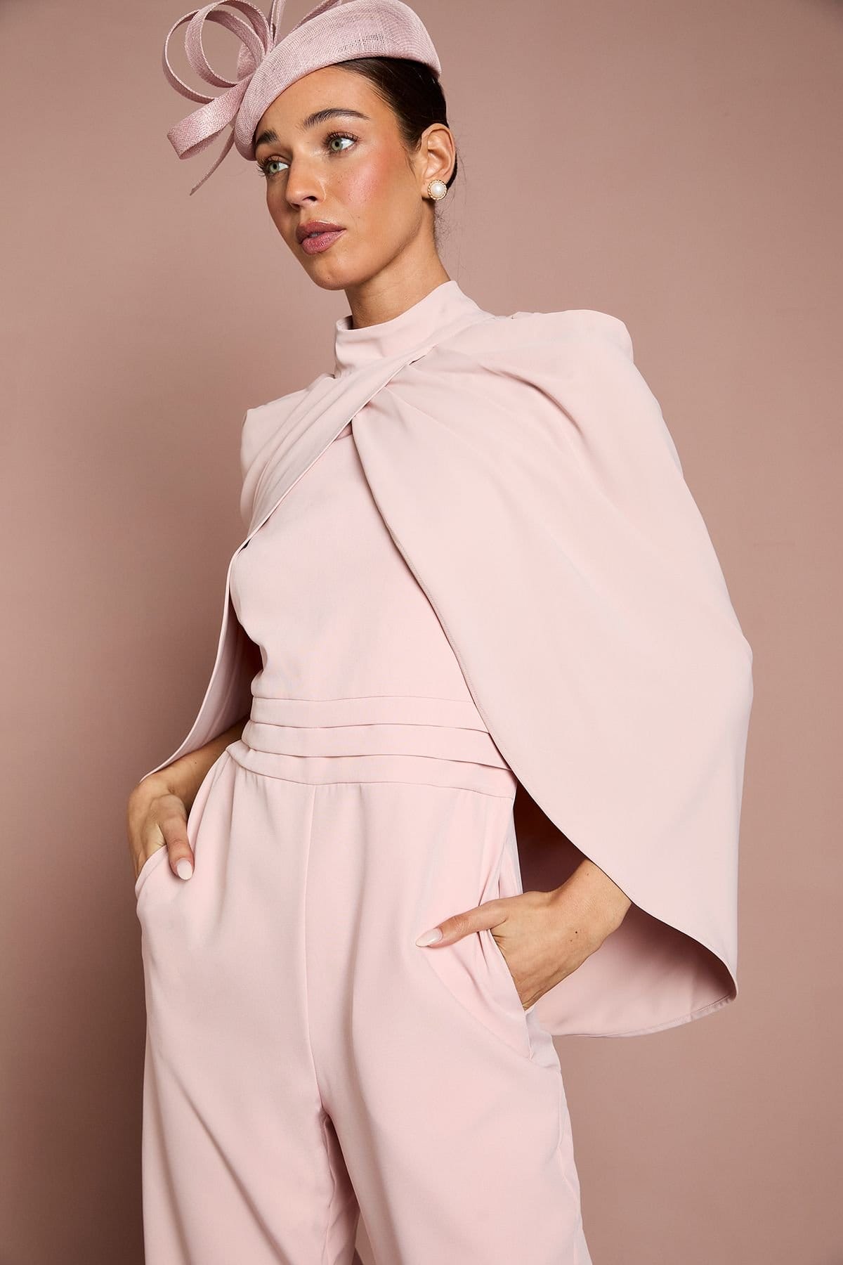 Coast Coast Women's Lisa Tan High Neck Cape Sleeve Wide Leg Jumpsuit in Blush - 4