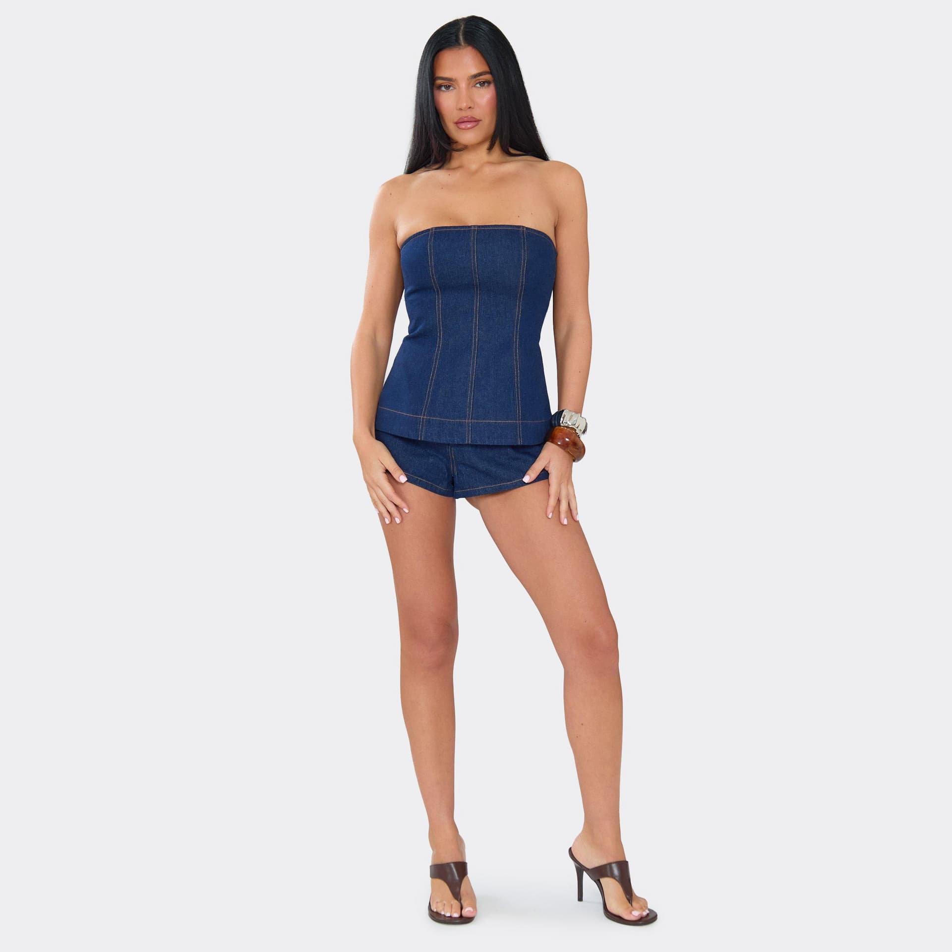 EGO Mid Rise Seam Detail Shorts In Blue Denim, Women's Size UK 6