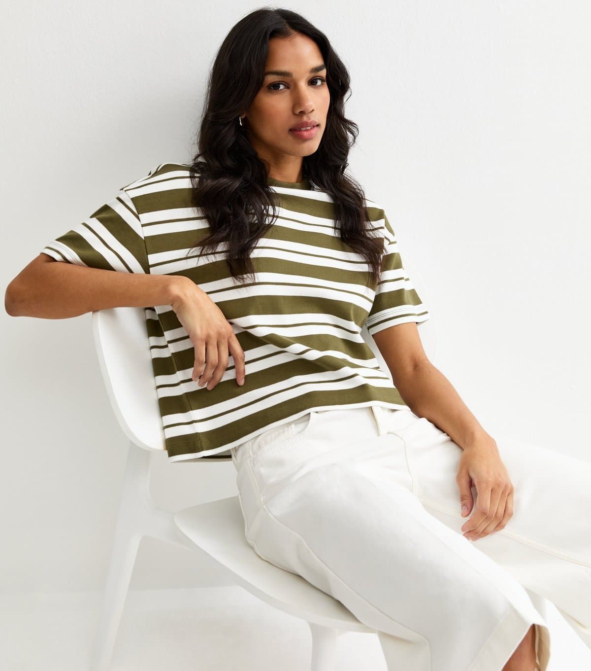 New Look Women's Premium Green Striped Heavyweight Cotton T-Shirt New Look
