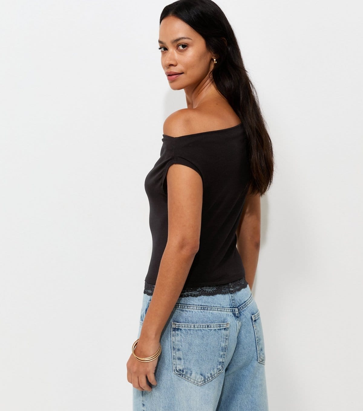 New Look Women's Black Off the Shoulder Lace Hem Top New Look - 4