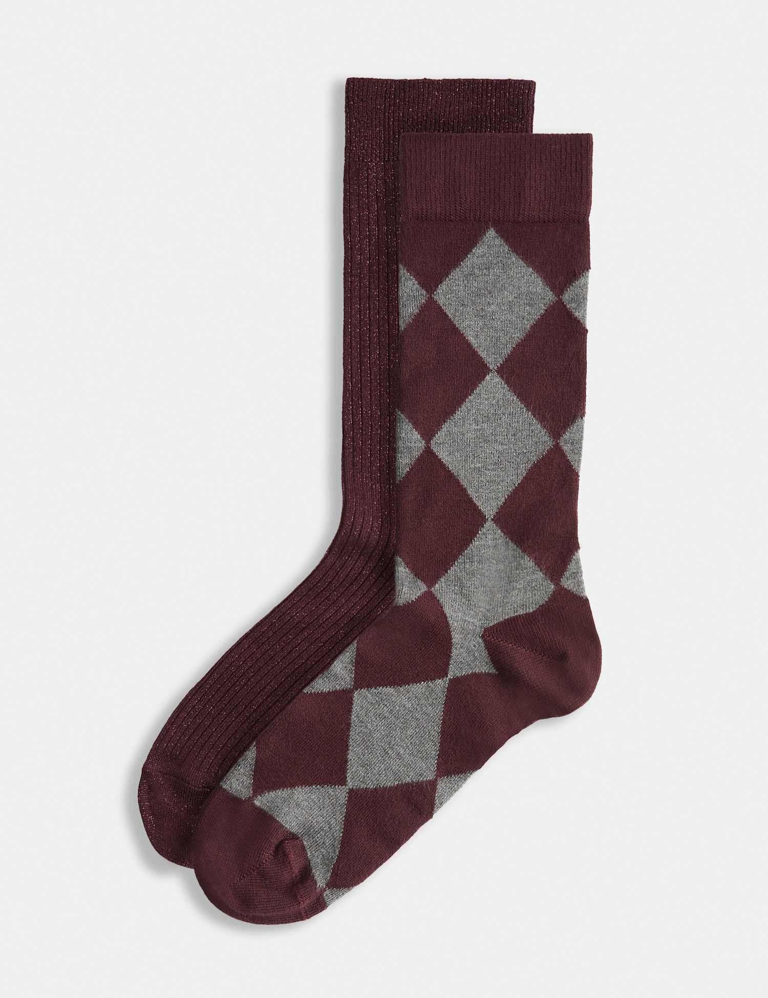 Marks & Spencer M&S 2 Pack Rayon Rich Sparkle Crew Socks Burgundy Mix