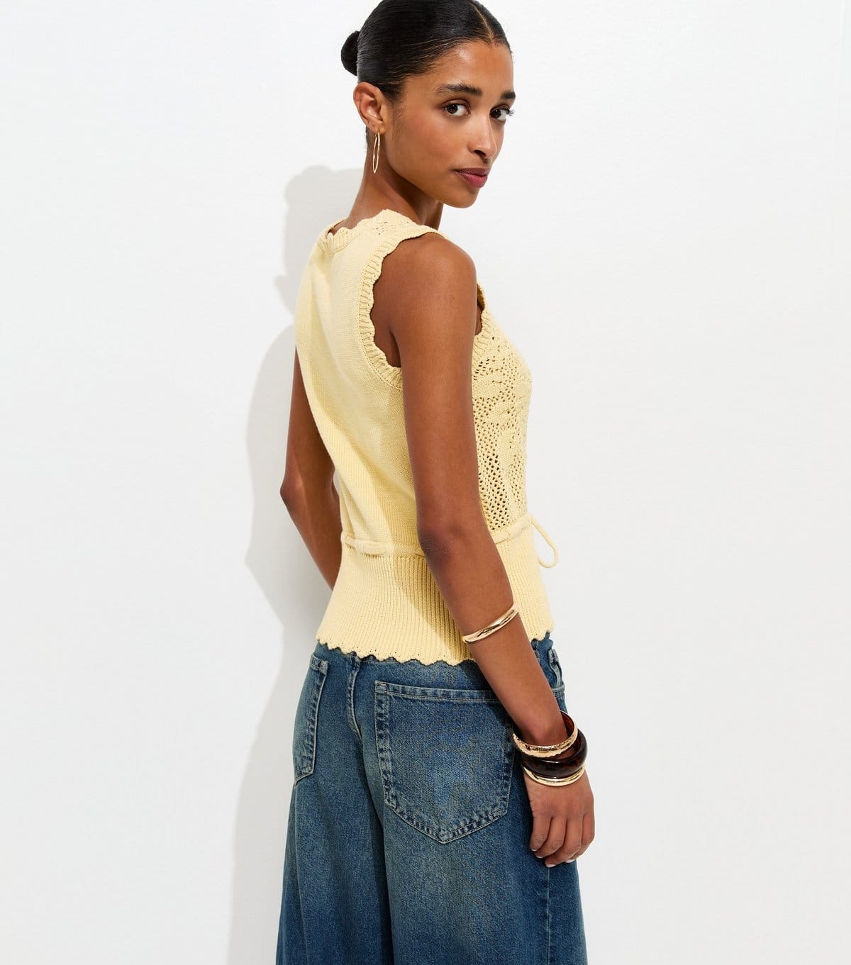 New Look Women's Light Yellow Cotton Rich Floral Tie Waist Vest New Look - 4