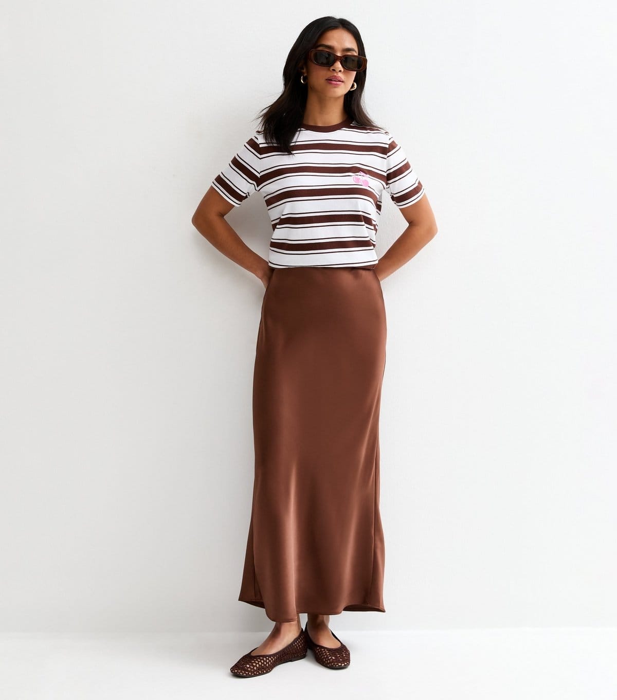 New Look Dark Brown Satin Midi Skirt for Petite