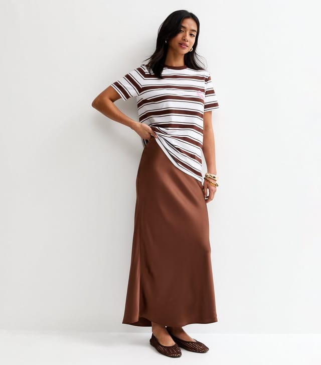 New Look Women's Petite Dark Brown Satin Bias Cut Midi Skirt New Look - 3