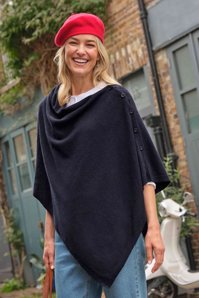 WoolOvers WoolOvers Women's Cashmere Merino Blend Button Poncho in Dark Navy - 3