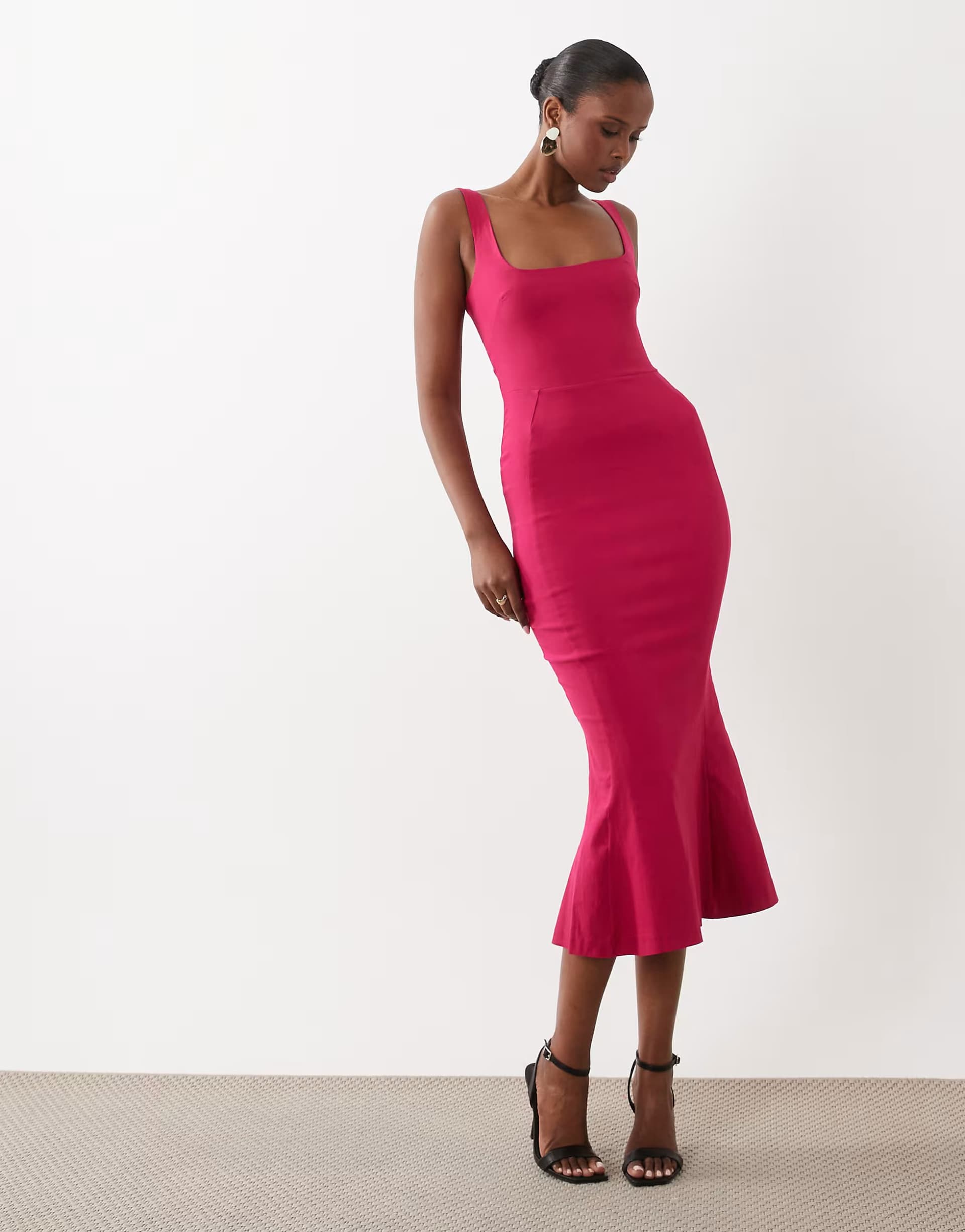 ASOS Vesper bengaline sleeveless square neck fishtail midi dress in pink