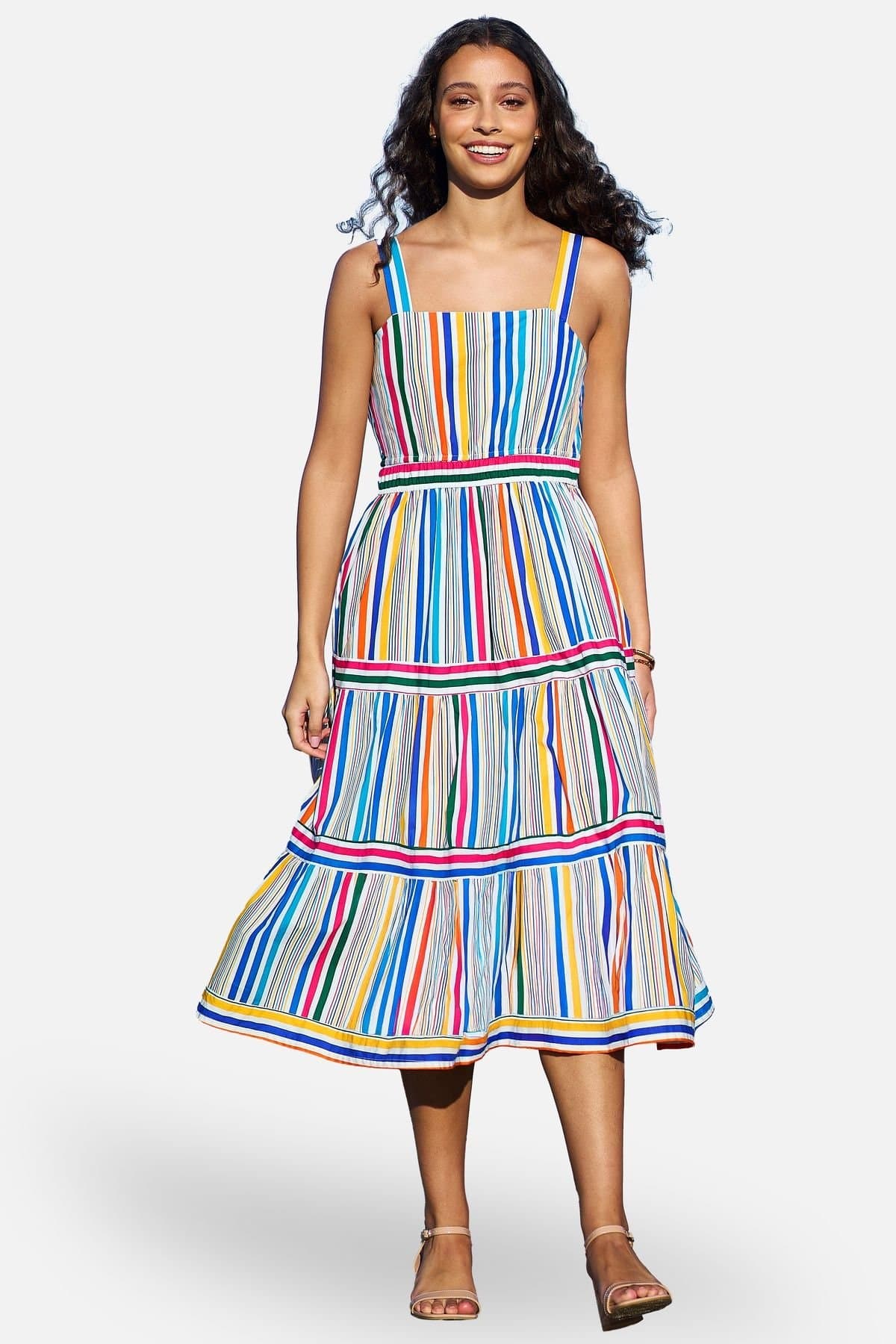 Yumi Yumi Women's Multicolour Stripe Cotton Midi Sun Dress in Natural White