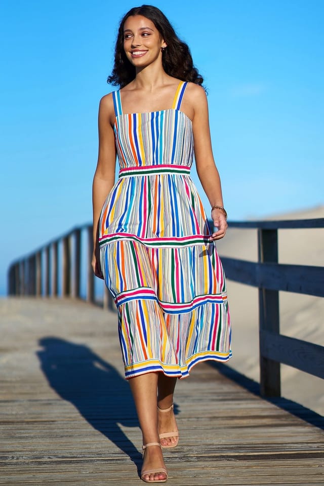 Yumi Yumi Women's Multicolour Stripe Cotton Midi Sun Dress in Natural White - 3