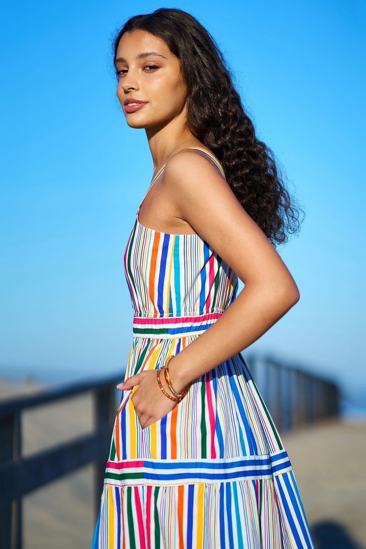Yumi Yumi Women's Multicolour Stripe Cotton Midi Sun Dress in Natural White - 4