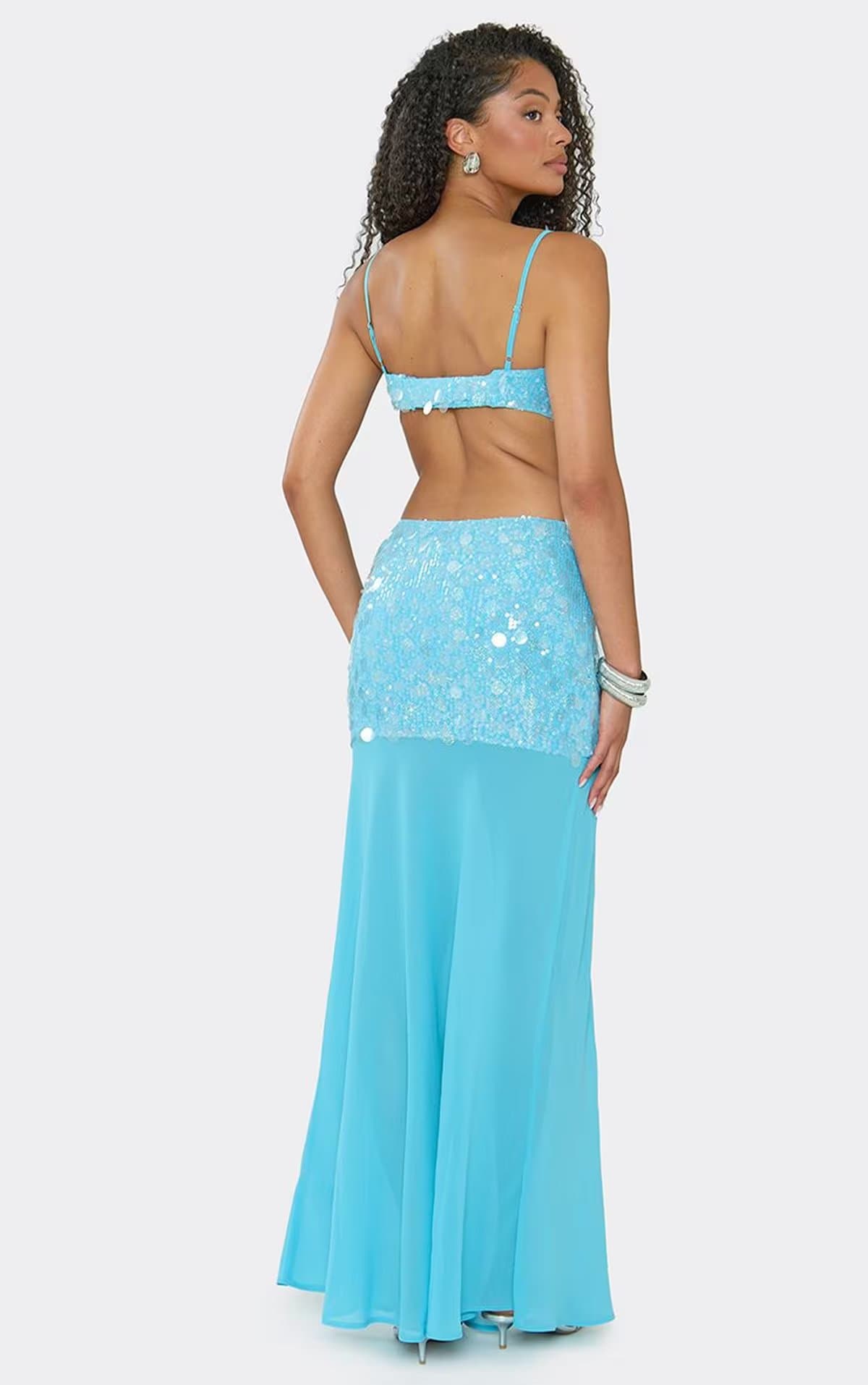 EGO Mesh Panel Maxi Skirt In Aqua Blue Sequin., Women's Size UK 6