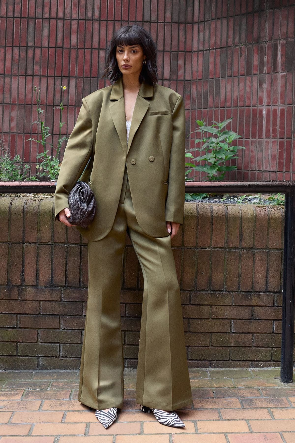 Warehouse Warehouse Women's Premium Satin Clean Waistband Flare Trousers Co-ord in Olive