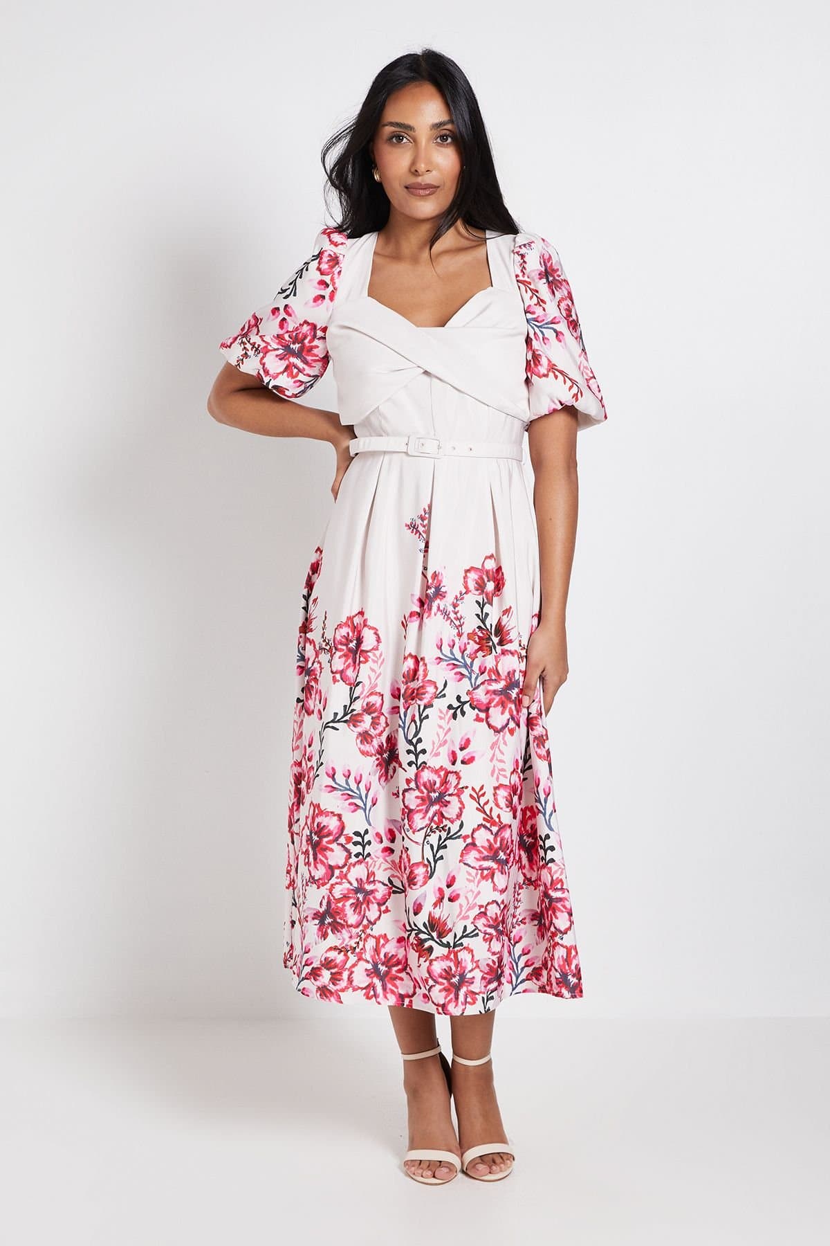 Wallis Wallis Women's Petite Floral Ottoman Twist Midi Dress in Ivory