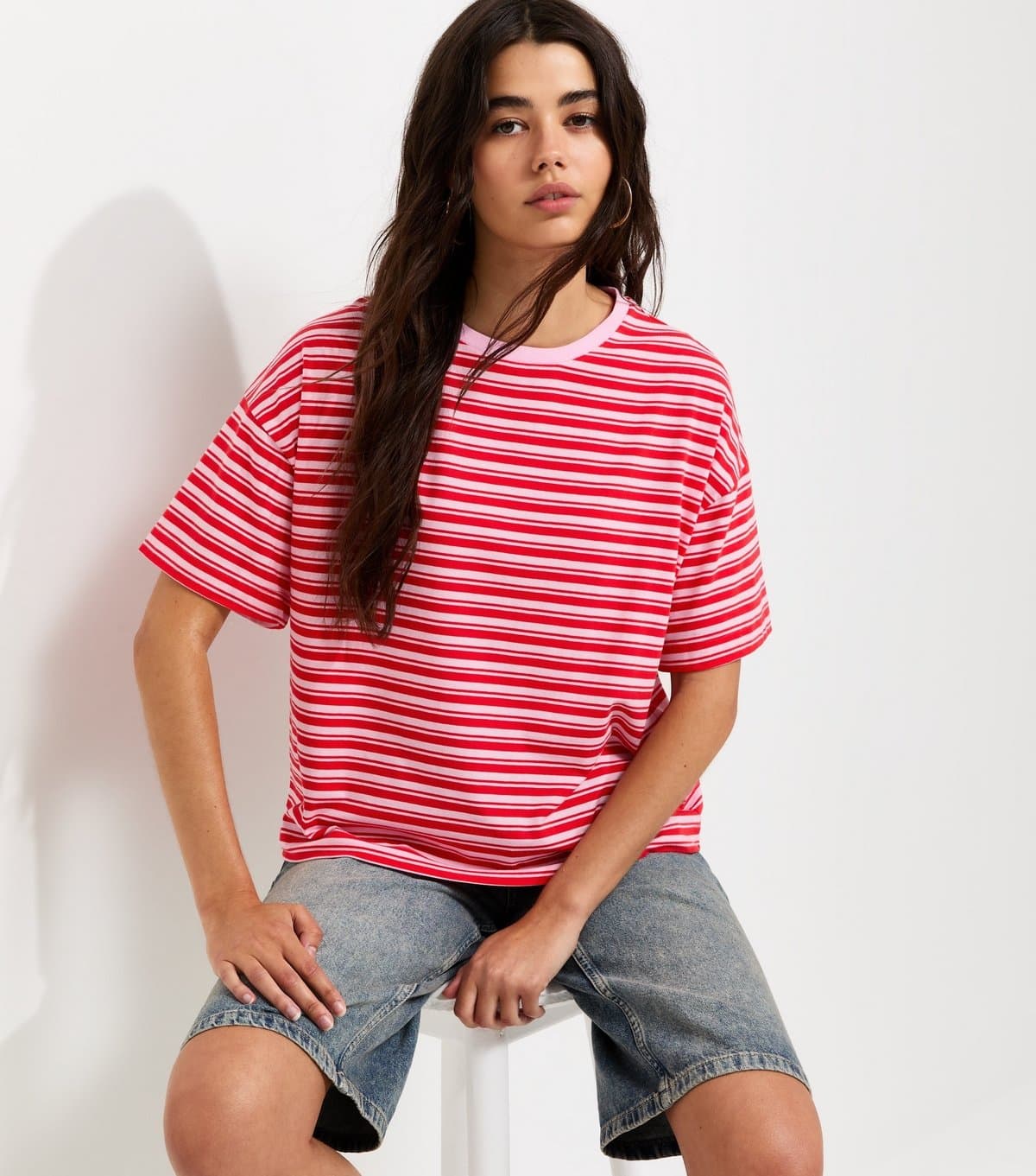 New Look Women's Pink Cotton Striped Boxy Crew Neck T-Shirt New Look