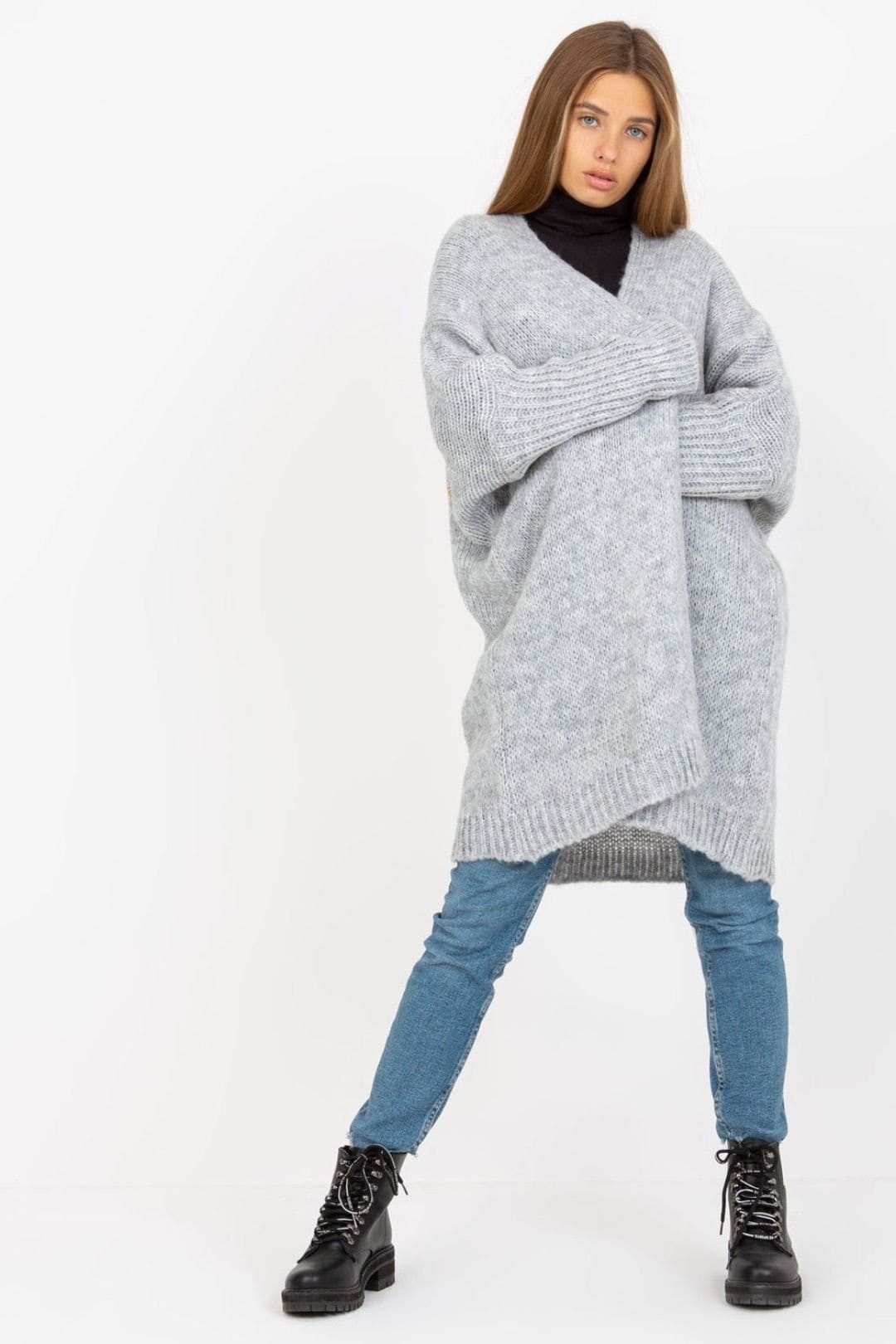 Love Lace Women's Grey Oversized Cardigan with Long Wide Sleeves