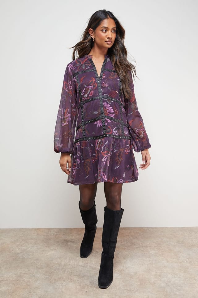 Oasis Oasis Women's Printed Embellished Trim Detail Chiffon Mini Dress - 2