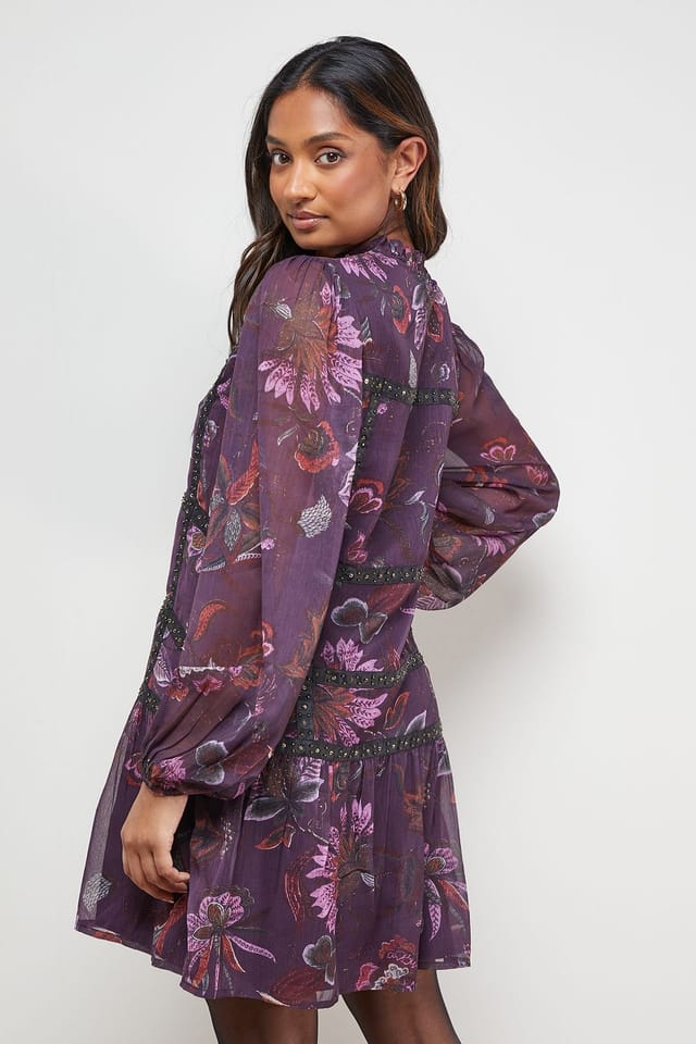 Oasis Oasis Women's Printed Embellished Trim Detail Chiffon Mini Dress - 3