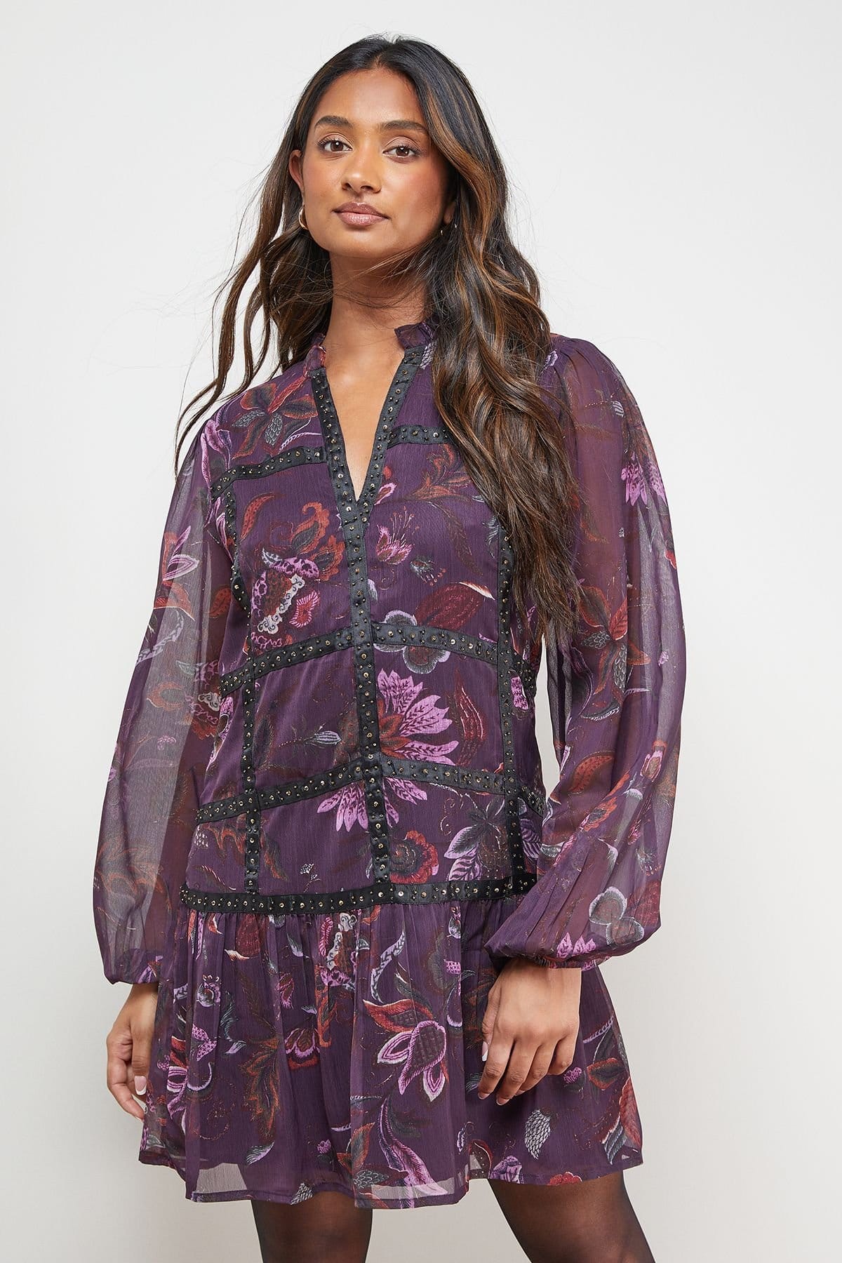 Oasis Oasis Women's Printed Embellished Trim Detail Chiffon Mini Dress - 4