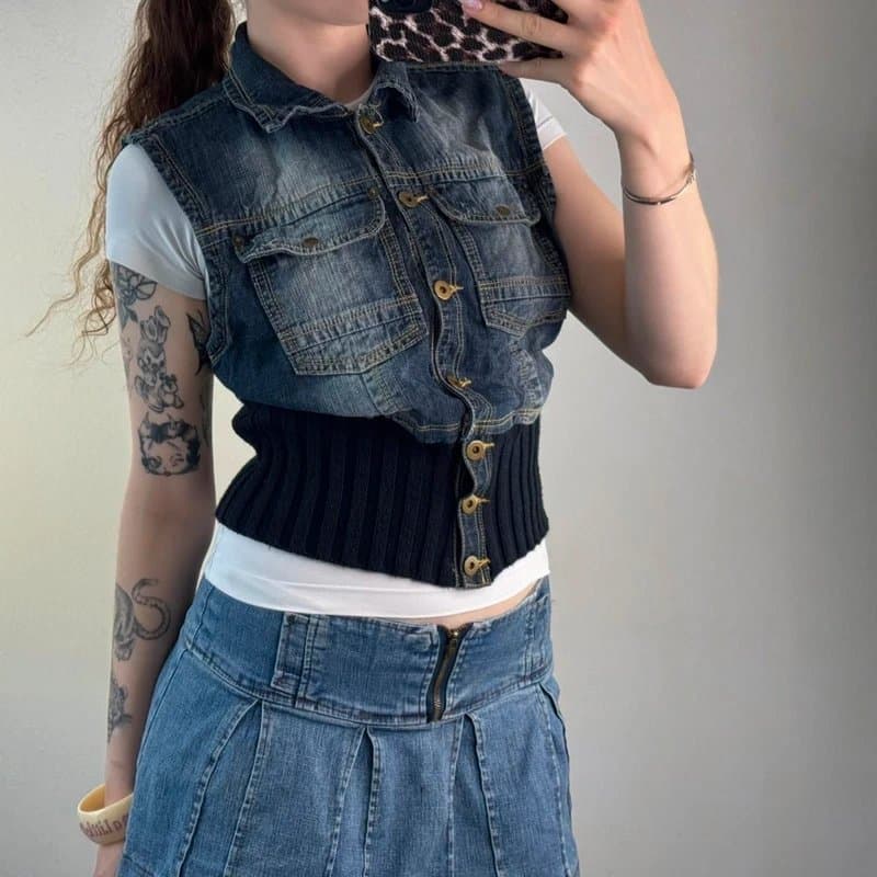 New Look Y2K vintage faded denim sleeveless jacket knit waistband cropped short length