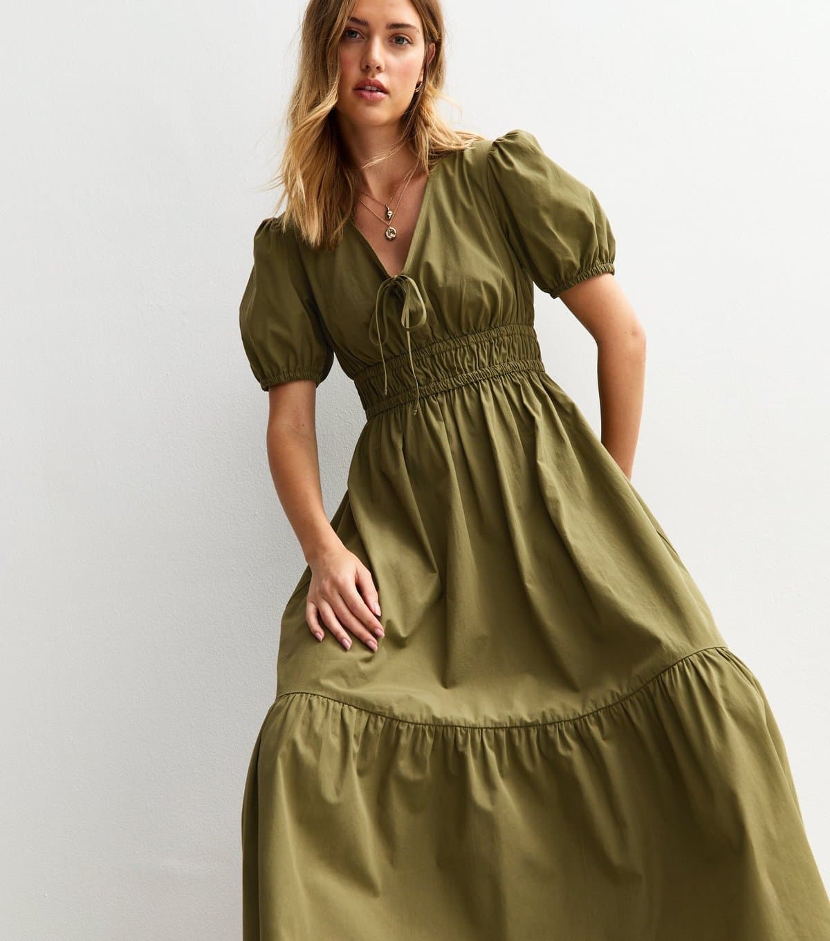 New Look Women's Light Khaki Cotton V-Neck Midi Smock Dress New Look