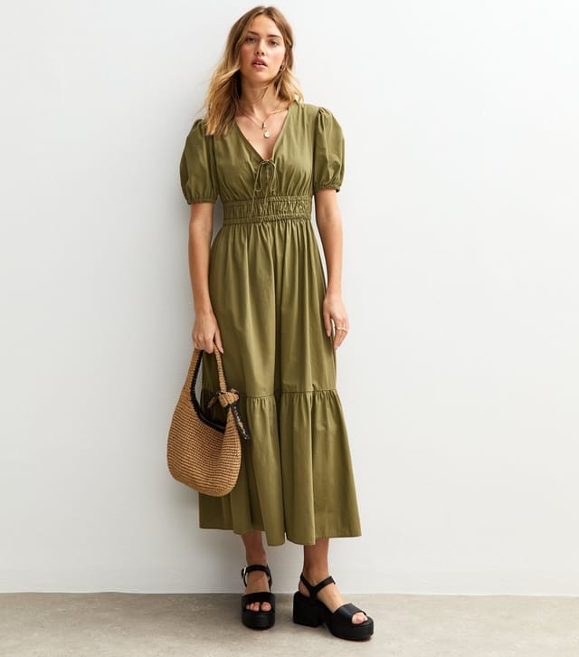 New Look Women's Light Khaki Cotton V-Neck Midi Smock Dress New Look - 2