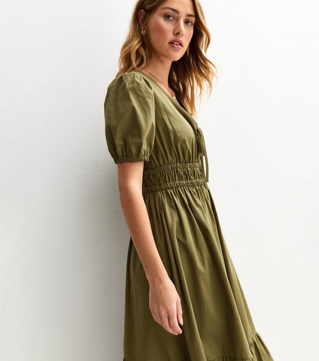 New Look Women's Light Khaki Cotton V-Neck Midi Smock Dress New Look - 3