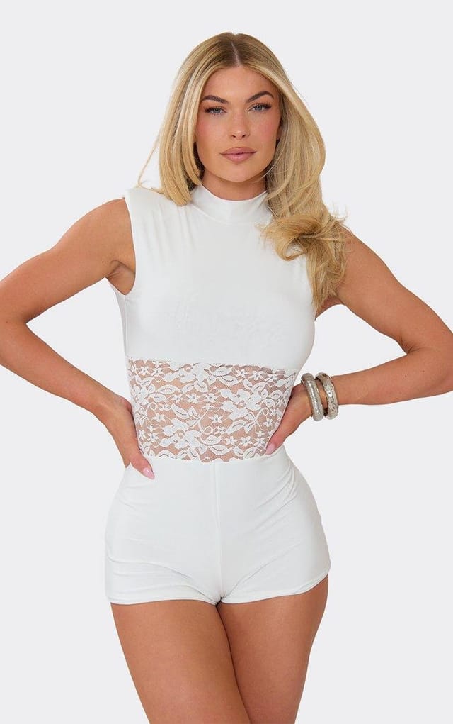 EGO Sleeveless Lace Panel Playsuit In White Slinky, Women's Size UK 6 - 2