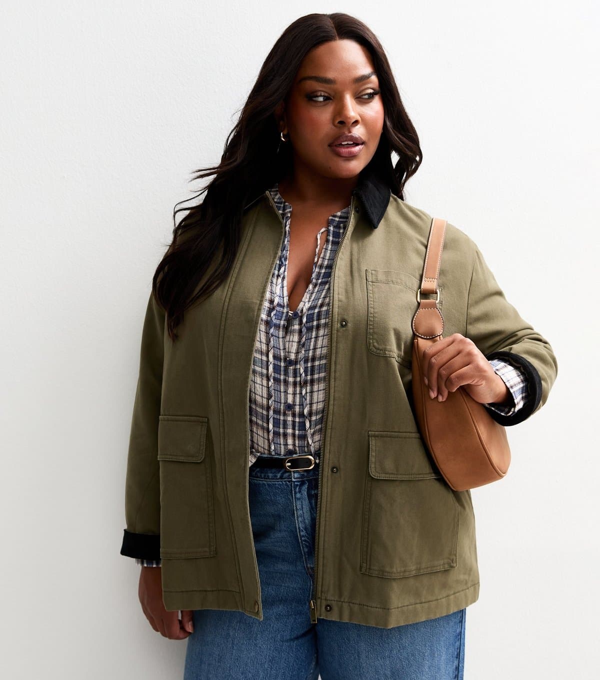 New Look Women's Plus Size Khaki Flap Pocket Barn Jacket Curves New Look
